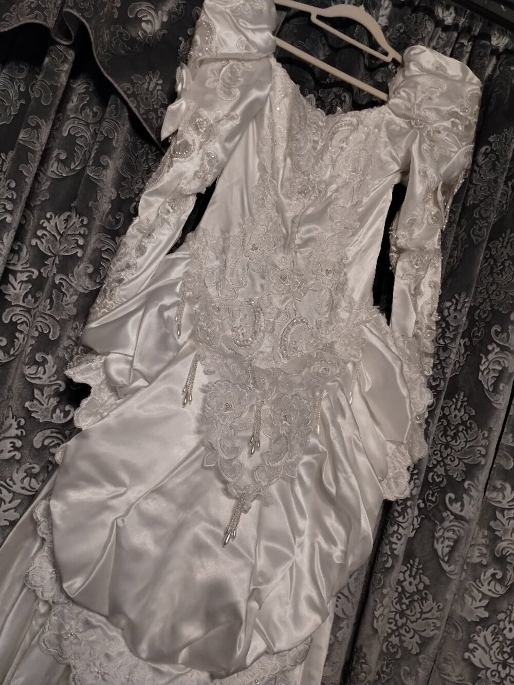 1980 Mon Cheri Satin Gown with Pearl Embellishments